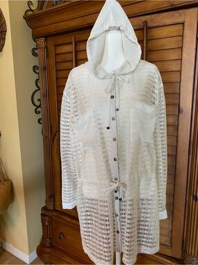 Hooded Open-Knit Long Cardigan Coat - White